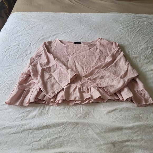 Saga Tops - Saga Linen Cropped Tunic Blouse Womens One Size Soft Pink Lagenlook Ruffle Hem